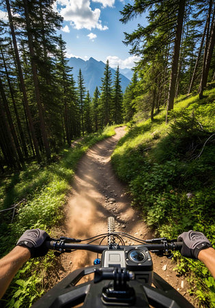 Mountain bike rider on the trail in the forest.の写真素材
