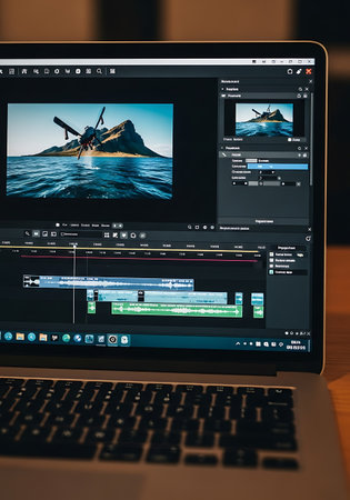Website on MacBook Pro Retina in a creative room environment.の写真素材