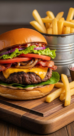 Cheese burger - American cheese burger with Golden French fries on wooden backgroundの写真素材