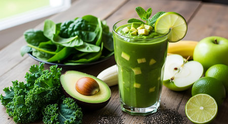 Healthy green smoothie with spinach, apple, lime and avocadoの写真素材