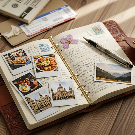 Closeup of open diary with photos and fountain pen on wooden tableの写真素材