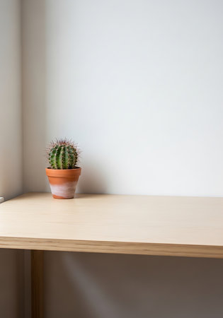 Cactus in a pot on a wooden table with white wall backgroundの写真素材