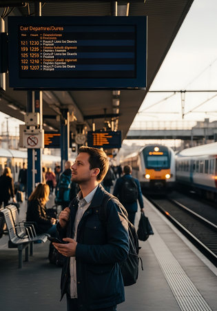 Handsome young man waiting for a train at the railway stationの写真素材