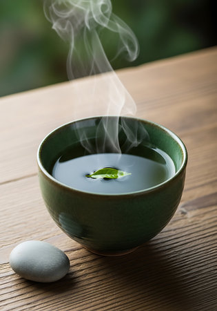 Hot green tea in bowl on wooden table, close-up.の写真素材