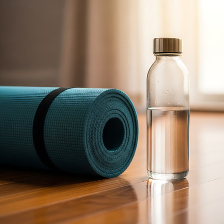 Blue yoga mat and bottle of water on the wooden floor at homeの写真素材