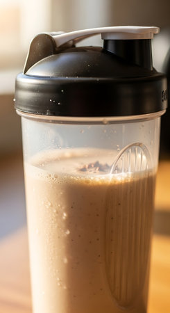 Close up of a protein shake in a plastic container. Shallow depth of field.