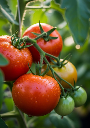 Ripe tomatoes on a branch in the garden. Selective focus.の写真素材