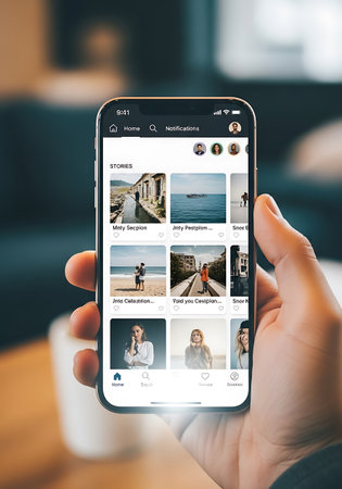 Close-up of woman's hand holding smartphone with photo-sharing app on the screen.の写真素材