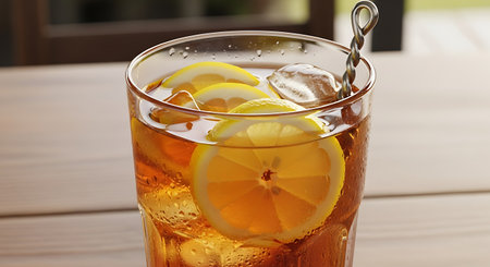 Glass of iced tea with lemon and ice cubes on wooden tableの写真素材