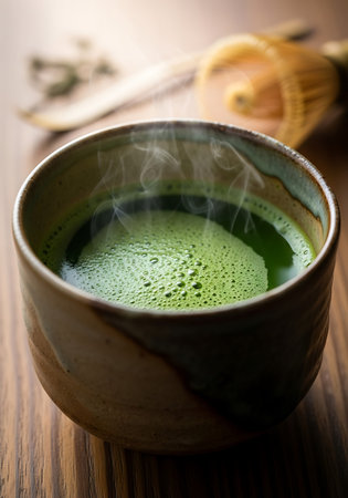 Matcha green tea in a cup and whisk on a wooden table