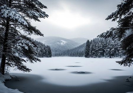 Beautiful winter landscape with lake and pine trees in the mountains.