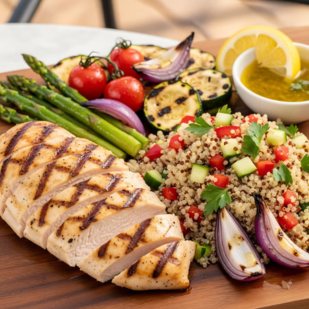 grilled chicken breast with asparagus and vegetablesの写真素材