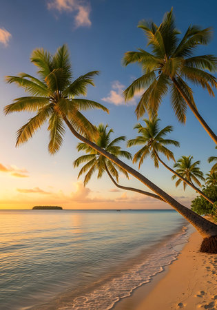 Tropical beach with palm trees at sunset, Seychellesの写真素材