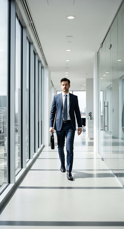Businessman walking in corridor of modern office building, full length.の写真素材