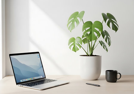 Workplace with laptop, coffee cup and monstera plant. 3d renderingの写真素材