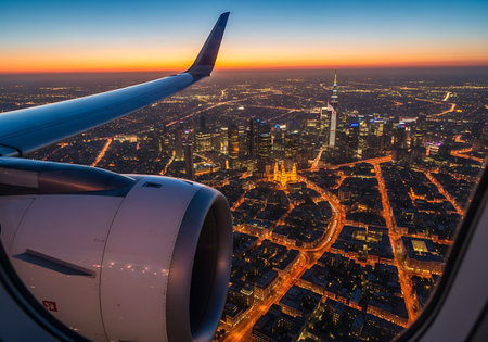 Aerial view of skyline at sunset from window of an aircraftの写真素材