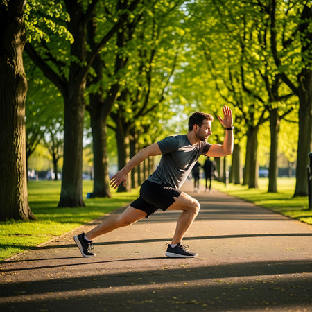 young man running in park on sunny day, sport and healthy lifestyleの写真素材