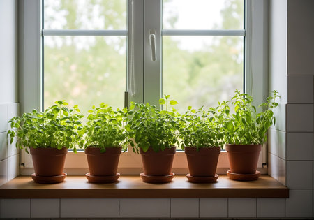 Fresh herbs in pots on the windowsill. Basil, oreganoの写真素材