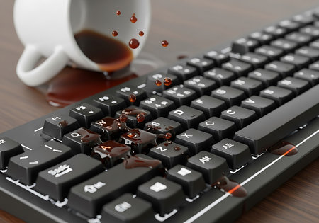 Computer keyboard and coffee cup on wooden table. 3d illustration.の写真素材