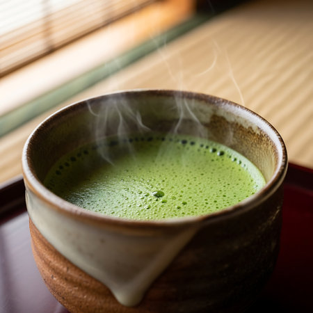 hot matcha in a ceramic cup on wooden table, close upの写真素材
