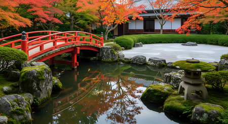 Japanese garden in autumn with red bridge and pond in Kyoto, Japanの写真素材