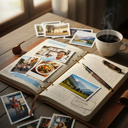 Travel photo album and coffee cup on the wooden table in the morningの写真素材