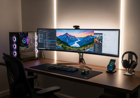 Luxury home office workspace with computer and mouse on desk.の写真素材