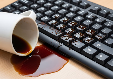 Coffee cup and computer keyboard on wooden table, stock photo