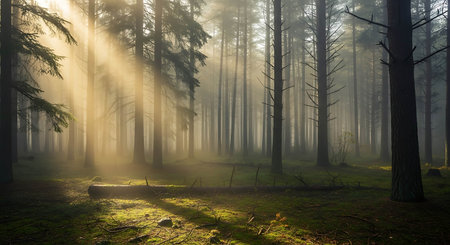 Mysterious morning in the forest with fog and sunbeams