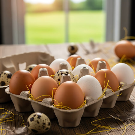 Chicken and quail eggs in a cardboard box on a wooden table