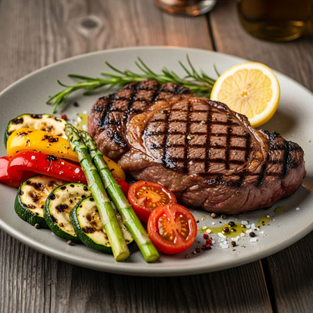 Grilled beef steak with asparagus and vegetables on wooden backgroundの写真素材