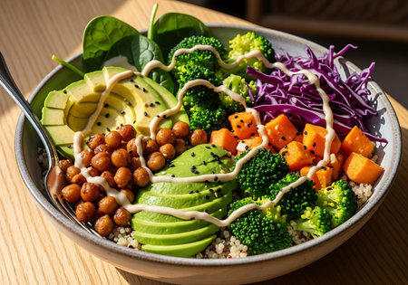 Healthy Buddha bowl with quinoa, avocado, chickpeas, broccoli and quinoaの写真素材