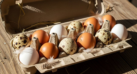 Easter eggs and quail eggs in a box on a wooden background
