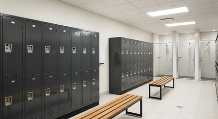 Locker room with lockers and benches in a modern school.