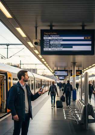 Young man using mobile phone while waiting for train at railway station platformの写真素材