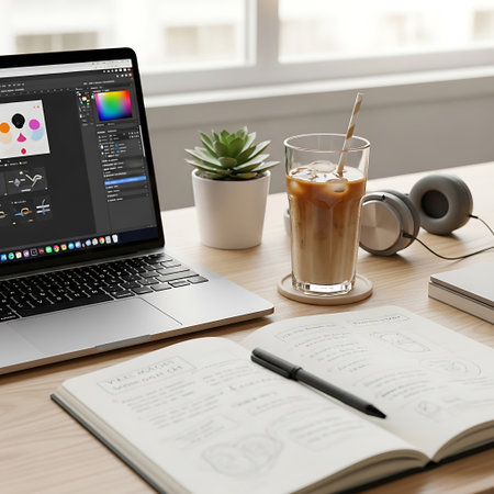 Workplace with laptop, tablet and coffee cup on wooden table.