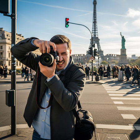 A young man with a camera on the street in Paris. The concept of travel and tourismの写真素材