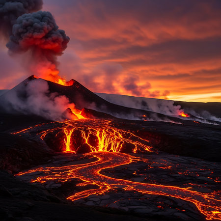 Volcanic eruption in Hawaii Volcanoes National Park at sunset
