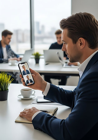 selective focus of businessman holding smartphone with video chat app in officeの写真素材