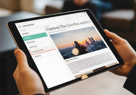 woman hand holding digital tablet with website on screen. All screen graphics are made up.の写真素材