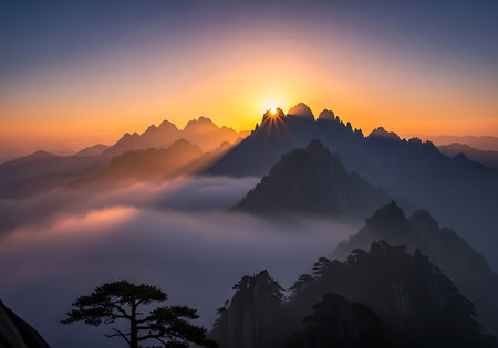 Sunrise at Huangshan Mountain, Anhui Province, Chinaの写真素材