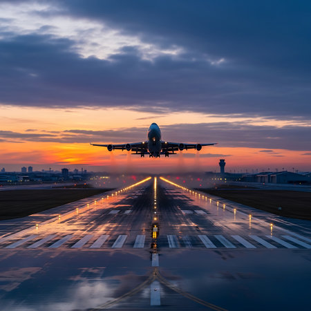 Airplane taking off from the runway of an airport at sunset.の写真素材