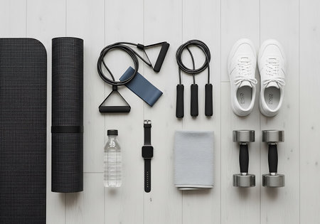 Fitness equipment on white wooden background. Top view, flat layの写真素材