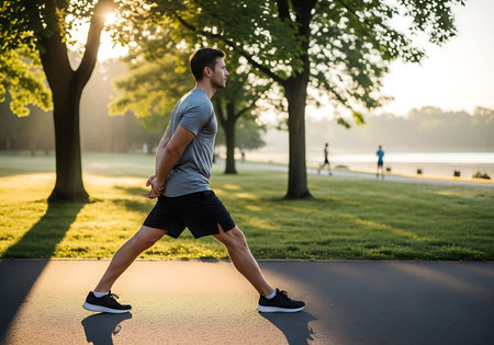 Young man jogging in the park at sunrise. Healthy lifestyle.の写真素材