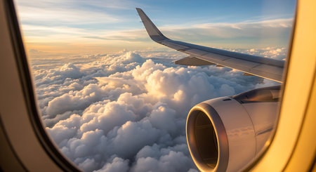 Wing of airplane flying above the clouds at sunset. View from airplane window