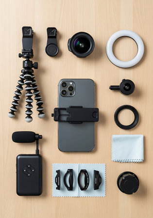 Top view of photographer equipment on wooden background. Flat lay style.