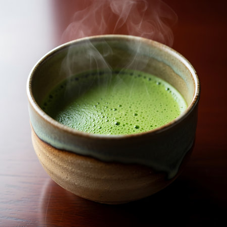 hot matcha on the wooden table in the japanese restaurantの写真素材