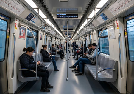 Unidentified people inside Tokyo Metro. Tokyo Metro is the world's longest fully automated metro network (75 km).の写真素材