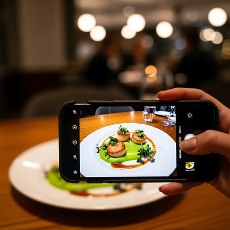 Taking photo of food with smart phone at restaurant. Food photography conceptの写真素材