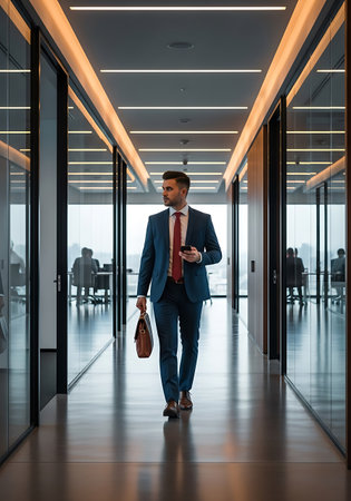 Portrait of a confident businessman walking in corridor of modern office buildingの写真素材